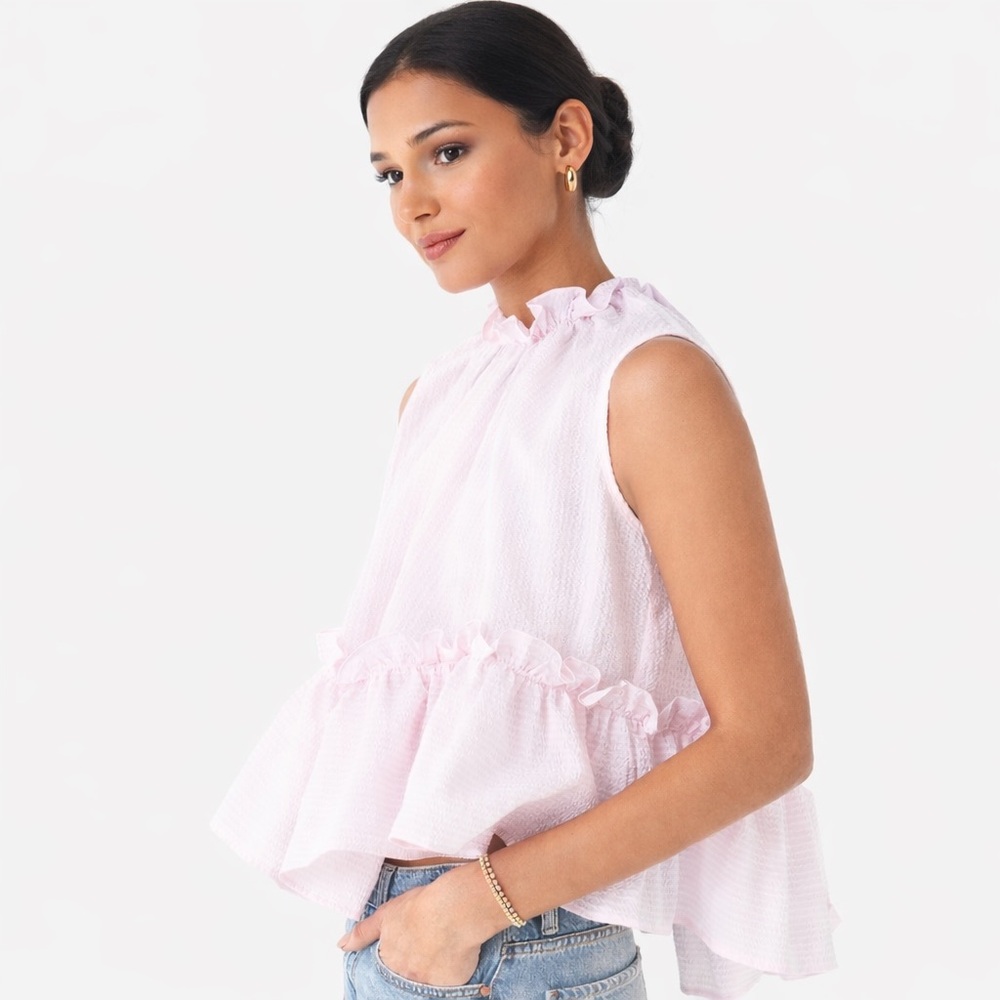 Brøgger Pauline Ruffle Tiered Top Pink Seersucker Sleeveless Blouse NWT‎